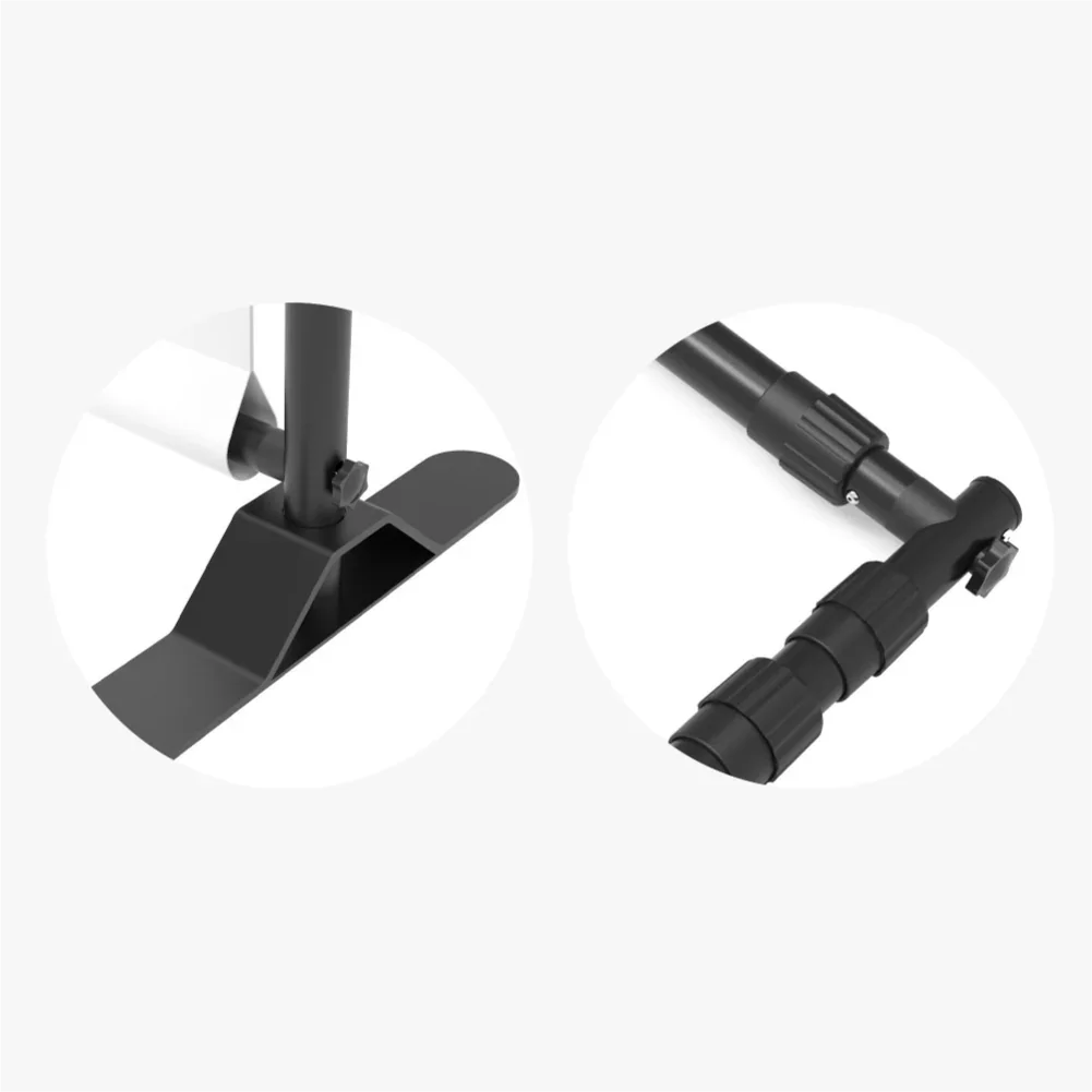 Two close-up circular graphic highlights showing the stable flat metal base plate and the secure twist-lock tightening mechanism on the backdrop stand frame.⁠