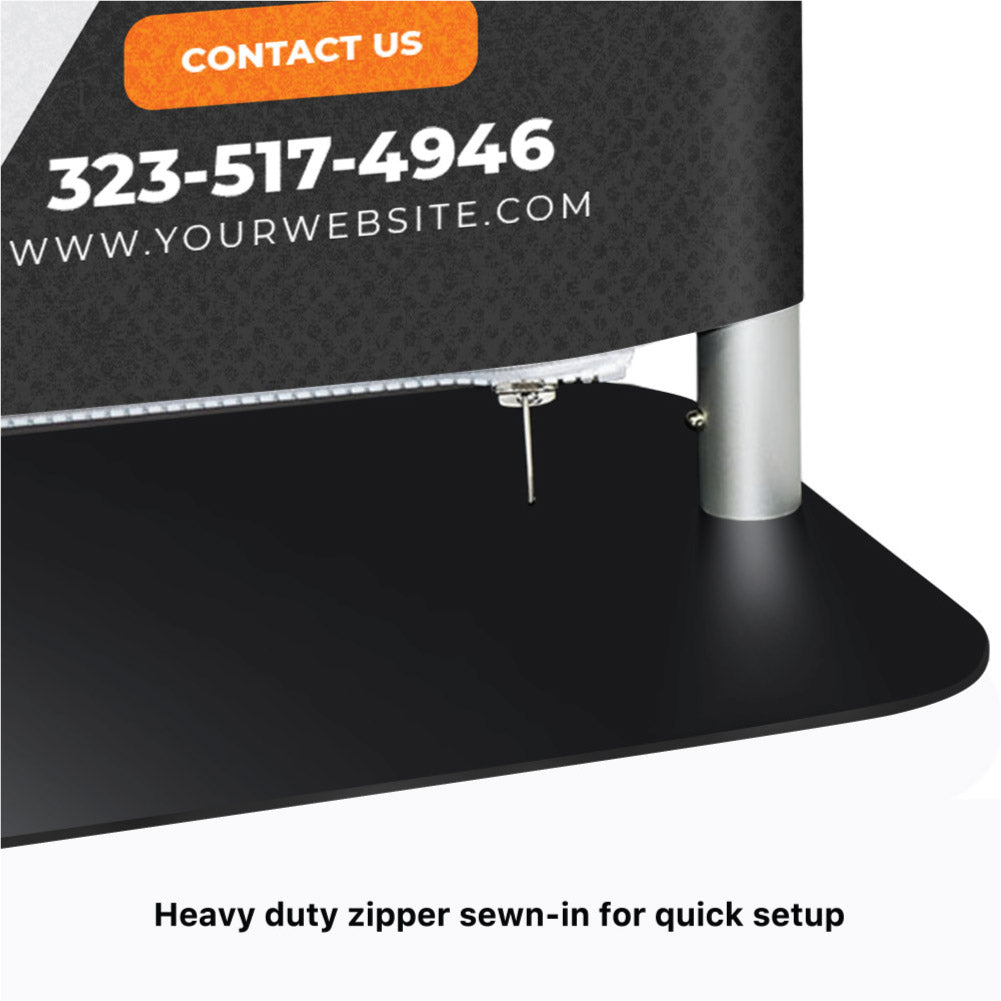 Close-up view of the heavy-duty zipper sewn into the bottom of a tension fabric stand graphic above the steel base plate