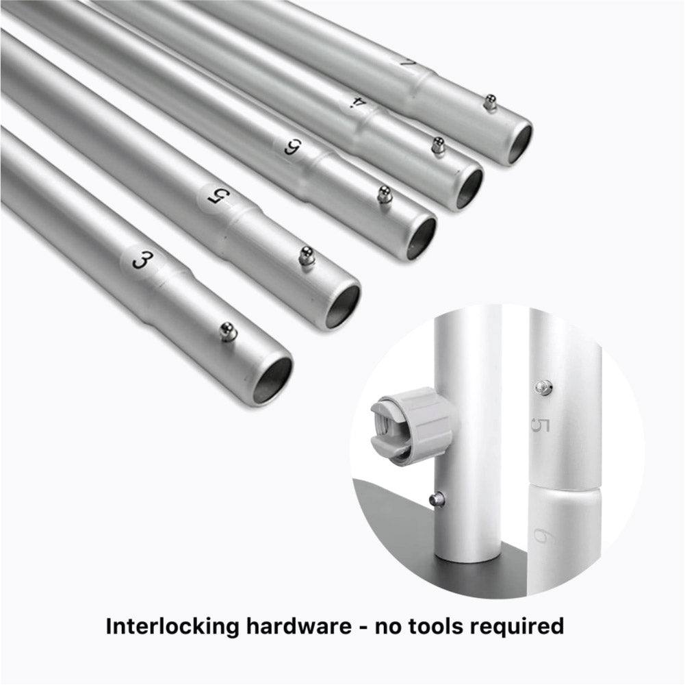 Close-up view of numbered interlocking aluminum tube frame components and tool-free push-button connectors for a tension fabric stand display