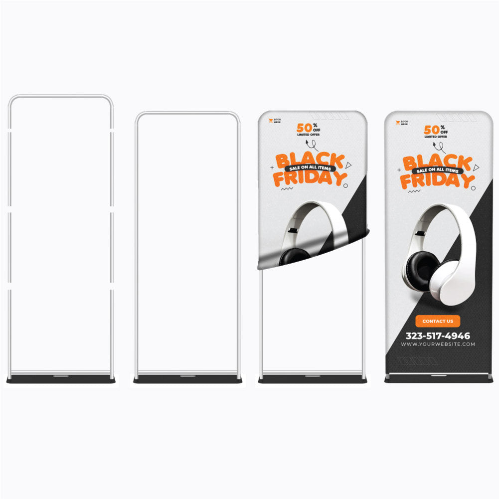 Step-by-step illustration showing how to slide the Black Friday promotional pillowcase graphic over the aluminum tube frame of a tension fabric stand