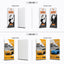 Comparison diagram of 36-inch and 48-inch tension fabric stands showing single-sided and double-sided printing layouts with headphone and car rental promotional designs