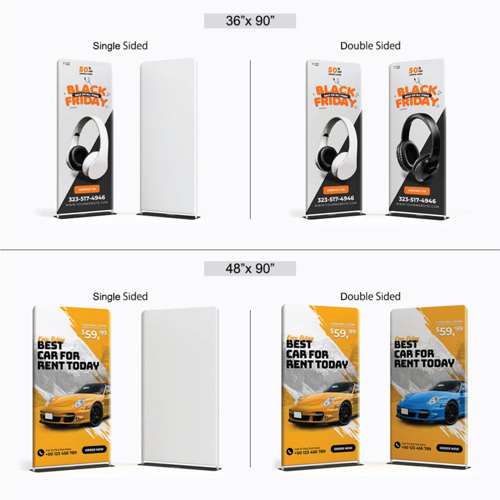 Comparison diagram of 36-inch and 48-inch tension fabric stands showing single-sided and double-sided printing layouts with headphone and car rental promotional designs