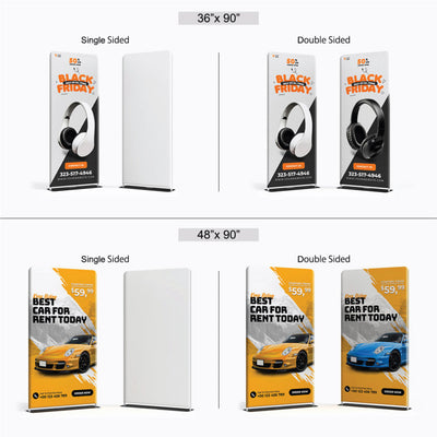 Comparison diagram of 36-inch and 48-inch tension fabric stands showing single-sided and double-sided printing layouts with headphone and car rental promotional designs