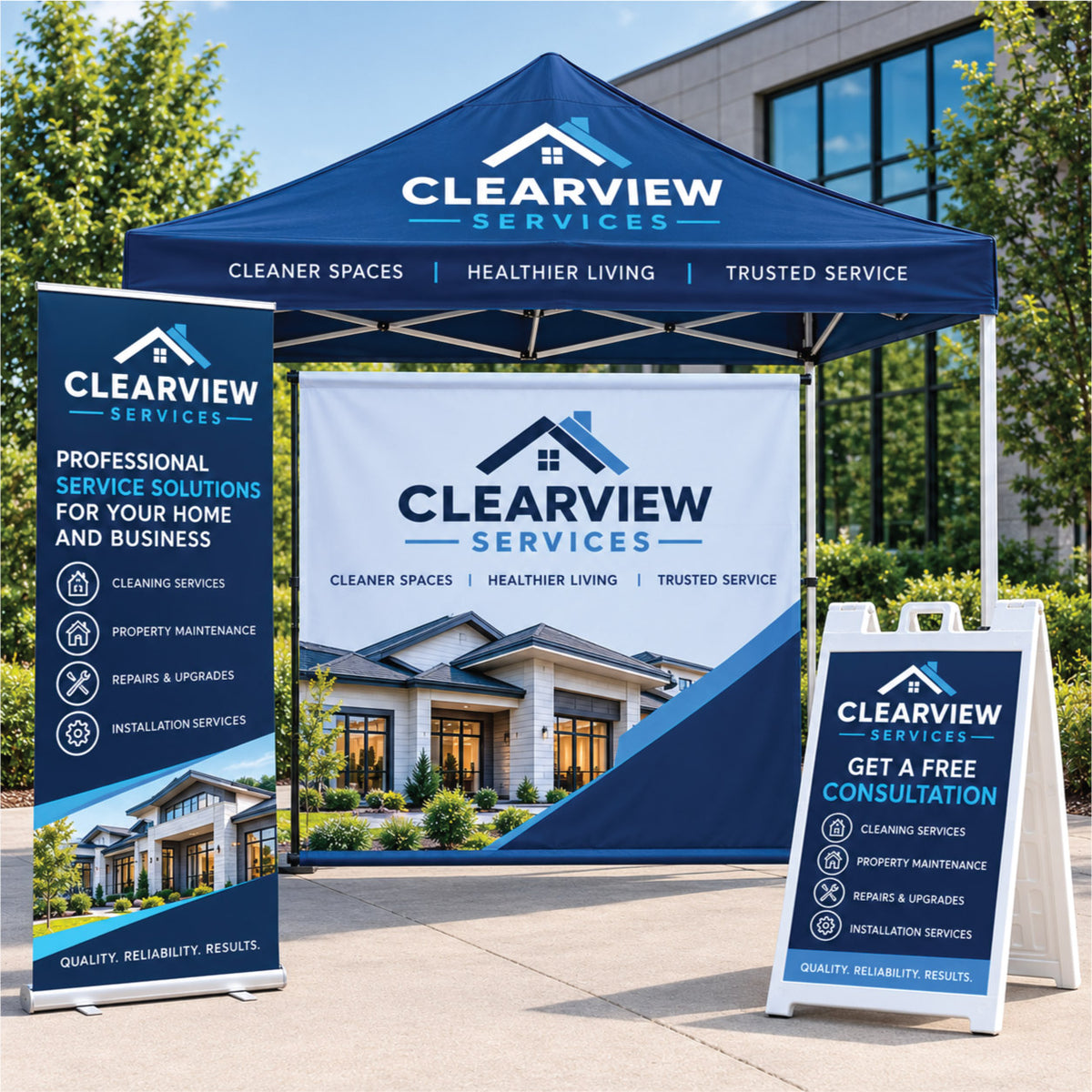 Custom trade show display stands featuring a branded canopy tent, retractable banner, and A-frame sidewalk sign for Clearview Services.
