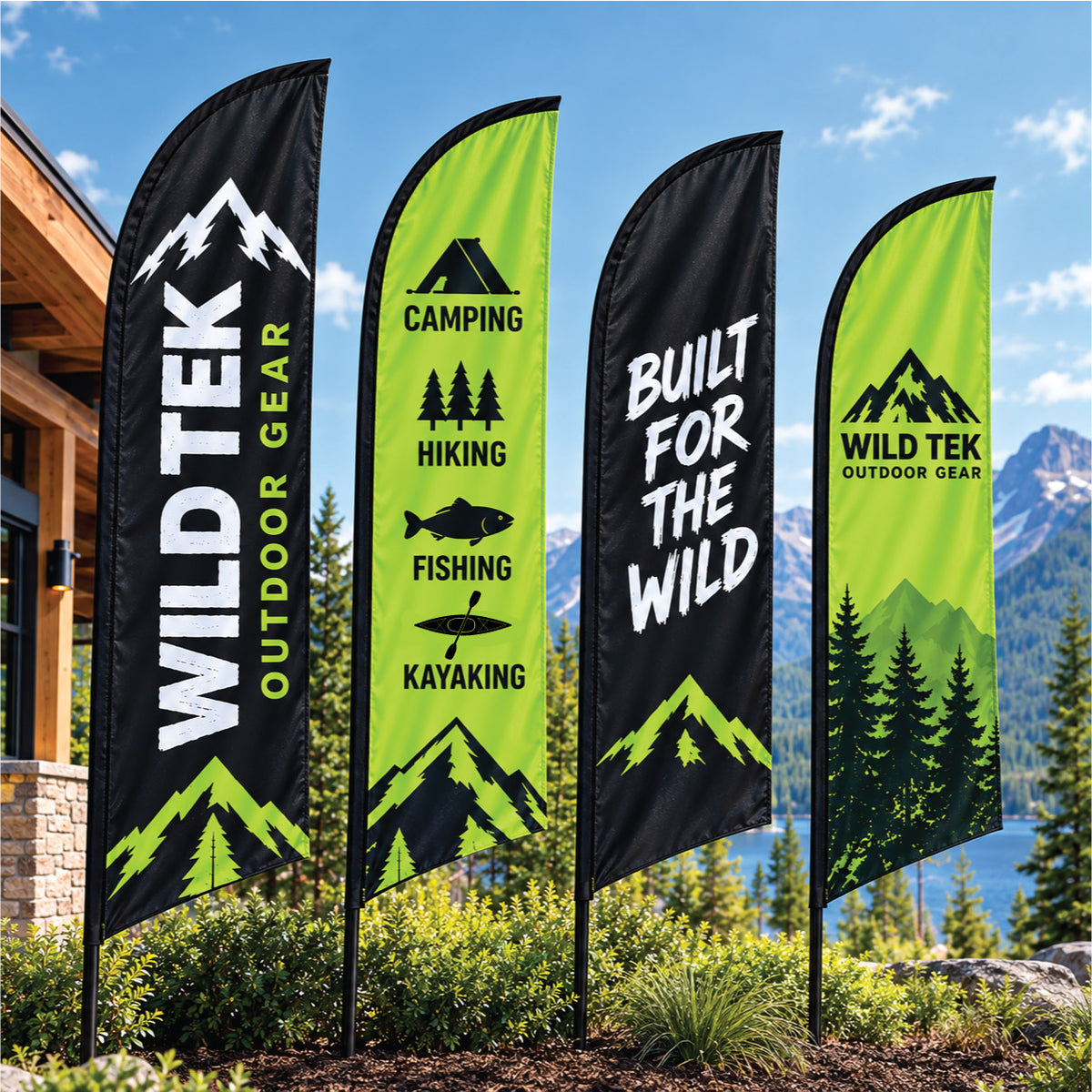 Tall outdoor feather flag featuring the Vertex Logistics logo and branding, designed for high-visibility promotional advertising.