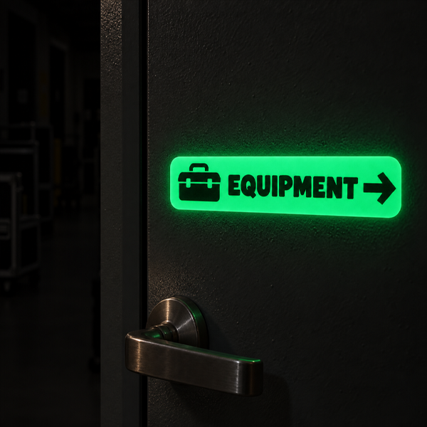 A glowing green illuminated sign on a dark door that reads "EQUIPMENT" with a briefcase icon and right-pointing arrow, next to a metal door handle.