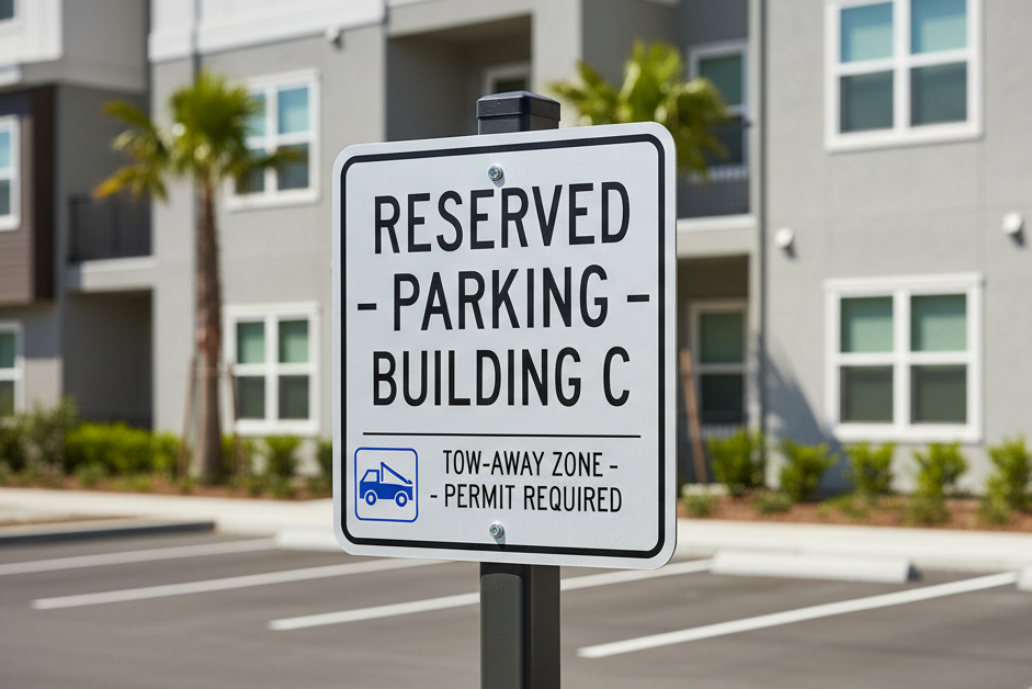 Reserved parking sign in front of a building with apartment units.