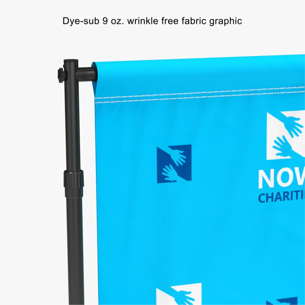 Close-up shot highlighting the top pole pocket design on a blue wrinkle-free dye-sublimation fabric backdrop banner.⁠
