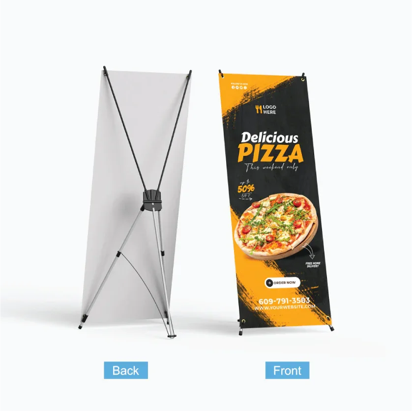 Studio product layout showing a custom printed pizza menu graphic on the front and the structural fiberglass X-frame support mechanism on the back.⁠