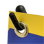 Close-up shot of a durable black plastic corner hook slotting securely through a gold metal banner grommet.⁠