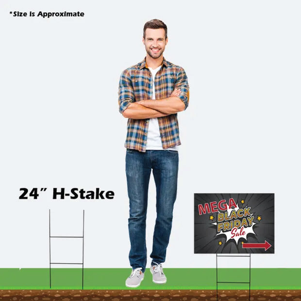 A product size comparison layout showing a twenty-four inch wire H-stake and yard sign graphic next to a man.⁠
