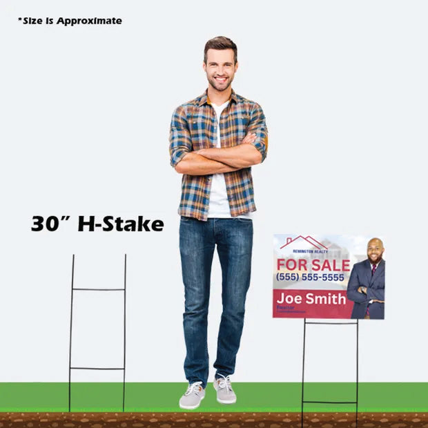 A product size comparison layout showing a thirty-inch heavy duty wire H-stake and custom yard sign next to a man.